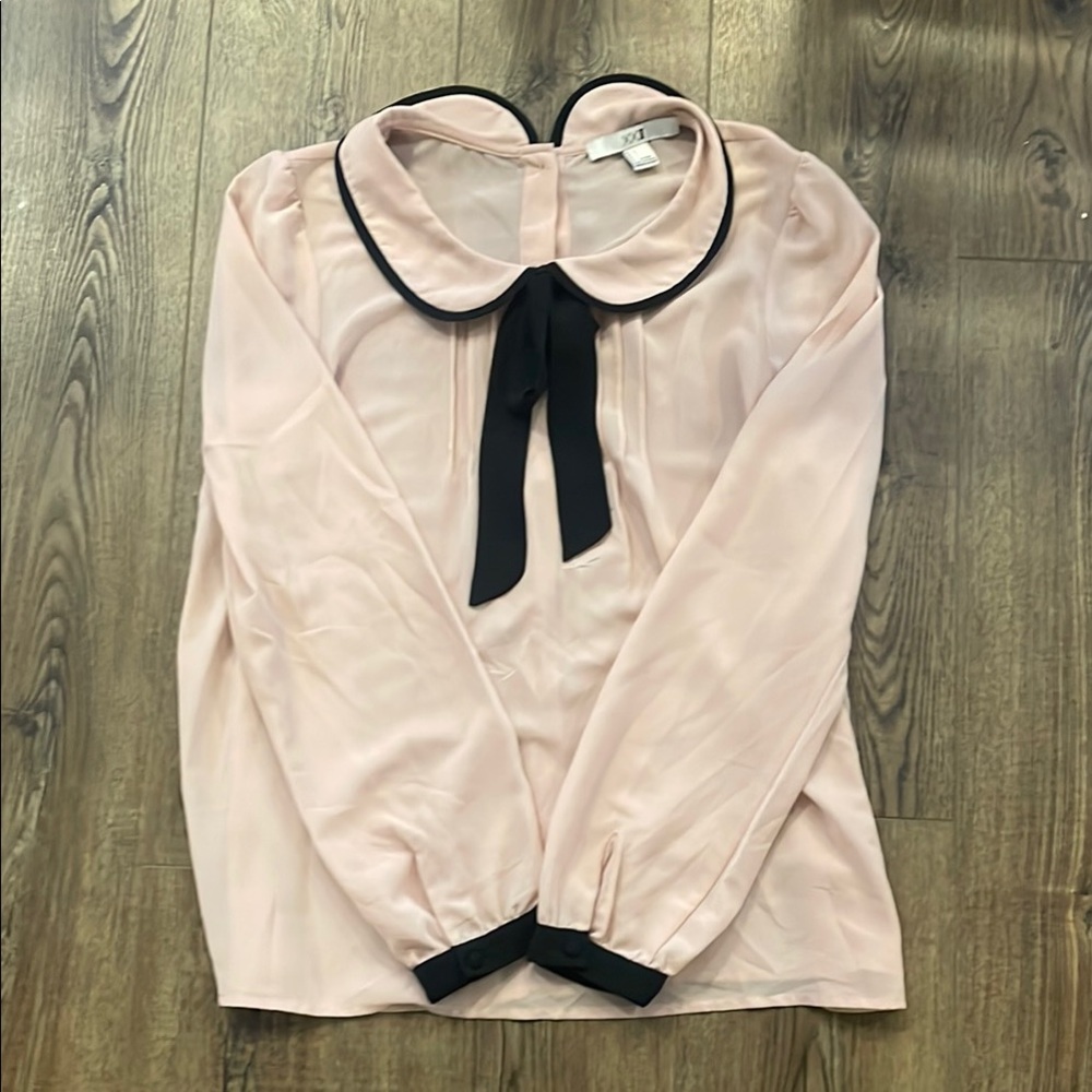 Elegant Pink Blouse with Black Trim